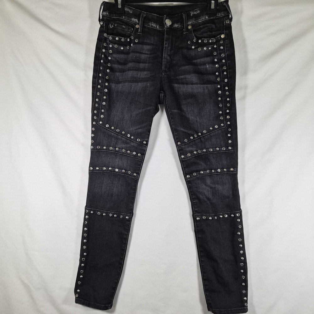Y2k True Religion Halle Skinny Jeans Womens 28 Black Studded Moto Punk Denim